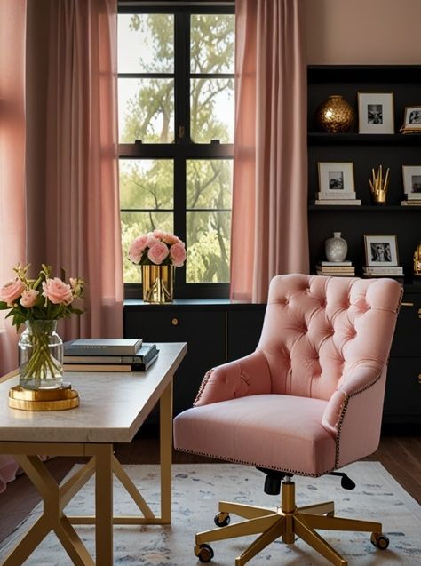 Love a stylish and cozy workspace? This blush pink and gold home office is the perfect mix of beauty and function! The plush pink chair with tufted detailing adds elegance, while the gold accents on the desk and decor elevate the space. A black built-in bookcase adds contrast, making the soft pink hues stand out even more. Perfect for anyone who loves a sophisticated yet inviting workspace! Could you see yourself working here? Save for inspiration & follow for more dreamy office ideas! Glamorous Office, Dreamy Office, Gold Home Office, Modern Luxury Home Decor, Modern Luxury Home, Cozy Workspace, Calm Color Palette, Pink Chair, Built In Bookcase