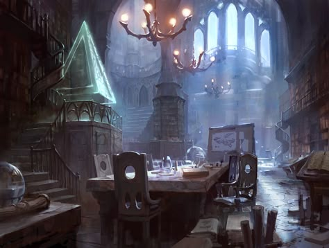 Dnd Interior Art, Dnd Castle Art, Dnd Library Art, Magic Library Concept Art, Magic Library Art, Wizard Tower Interior, Library Concept Art, Dnd Library, Wizard Workshop