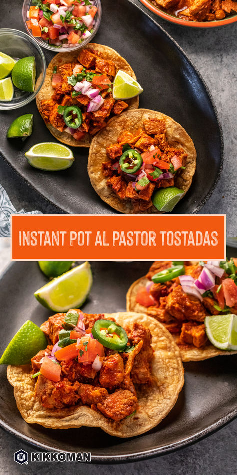 Transform dinner into a fiesta with Instant Pot Al Pastor Tostadas, featuring tender pork marinated in a tangy blend of Kikkoman® Soy Sauce and pineapple, then served on crispy tostadas with fresh pico de gallo and a squeeze of lime! #Kikkoman Instant Pot Al Pastor, Pork Adobo, Fusion Food, Kikkoman Soy Sauce, Pressure Cooker, Instant Pot Recipes, Soy Sauce, Pot Recipes, Instant Pot