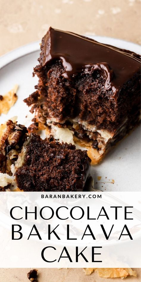 This baklava cake is a fluffy and moist chocolate cake baked on top of cinnamon chocolate baklava and topped with chocolate ganache. Baklava Cake Recipe, Baklava Cake, No Bake Cookies Recipe, Chocolate Baklava, Baklava Dessert, Baklava Recipe, Cookies Easy, Baking Recipes Cookies, Lava Cake