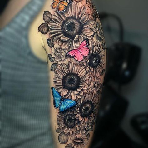 Sunflower Full Sleeve Tattoo, Sunflower Rose Tattoo Sleeve, The Dash Tattoo Ideas, Sunflower And Butterfly Sleeve Tattoo, Gerber Daisy Half Sleeve Tattoo, Half Sleeve Tattoos For Women Sunflower, Filling In Sleeve Tattoo Spaces, Butterfly Sunflower Tattoo Half Sleeves, Girly Geometric Tattoos