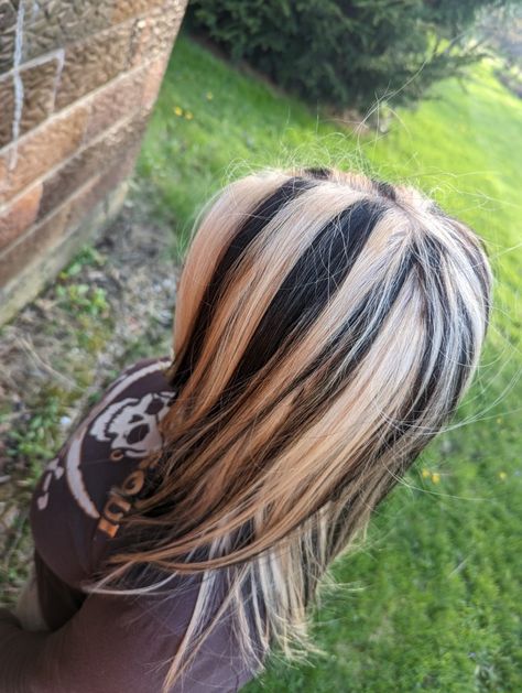 Blonde Hair With Black Streaks Y2k, Black Stripes In Blonde Hair, Skunk Streak Hair Blonde Highlights, Skunk Stripe Hair Y2k, Blonde Hair With Chunky Black Highlights, Skunk Hair More Blonde, Black Hair Skunk Highlights, Black Chunky Highlights On Blonde Hair, Black And Blonde Y2k Hair