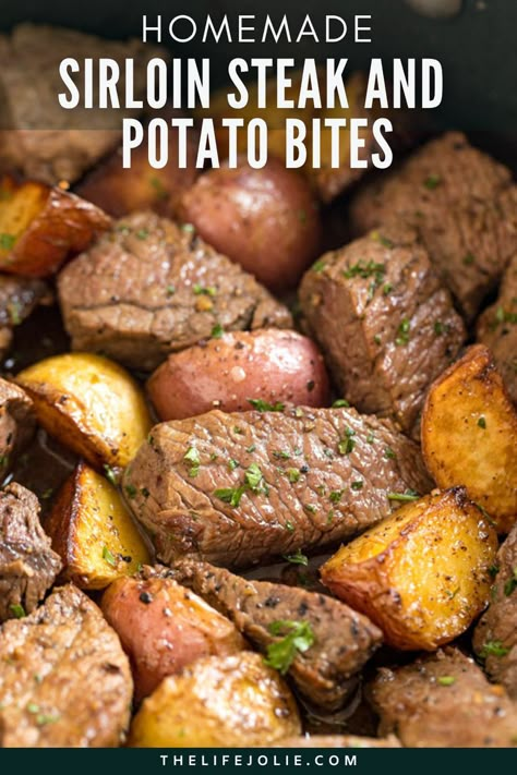 Steak And Potato Recipes, Steak And Potato Bites, Potato Recipes For Dinner, Top Sirloin Steak Recipe, Potato Bites Recipe, Sirloin Recipes, Sirloin Steak Recipes, Steak Dinner Recipes, Beef Entrees