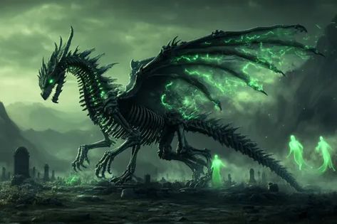 ↑↑↑ Larger size on website 🔸 A skeletal dragon, glowing with an eerie green light, stands amidst a graveyard, its wings spread wi Skeletal Dragon, Skeletal, Green Energy, Rolling Hills, Green Light, Graveyard, Mythical Creatures, Light Green, Green