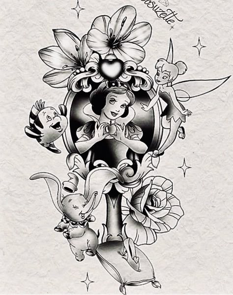 Disney Theme Tattoos, Feminine Tattoo Cover Up Ideas, Disney Floral Tattoo, Animae Drawings, Pixar Tattoo Ideas, Disney Princesses Tattoo Sleeve, Disney Leg Sleeve Tattoo, Disney Princess Tattoo Ideas Sleeve, Black And Gray Disney Tattoos