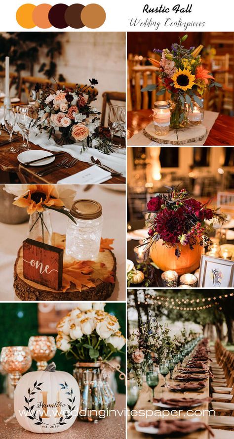 Top 9 Rustic Wedding Ideas to Rock Your Fall Weddings, wedding centerpieces, wedding tablescape, wedding decorations. Fall Farmhouse Wedding Ideas, Wedding Center Piece Ideas Fall, Fall Wedding Ideas Diy, Fall Wedding Pumpkins Decorations, Small Fall Wedding Ideas On A Budget, October Wedding Reception Ideas, Early Fall Wedding Ideas, Fall Wedding Reception Ideas Indoor, Fall Wedding In The Woods