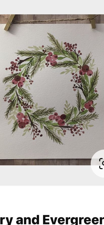 Painting Christmas Wreath, Wreath Painting Acrylic, Christmas Wreath Painting, Acrylic Painting Of Christmas Wreath, Paintings Of Christmas Wreaths, Christmas Wreath Painting Watercolor, Christmas Watercolours, Wreath Painting, Watercolor Christmas Cards Diy