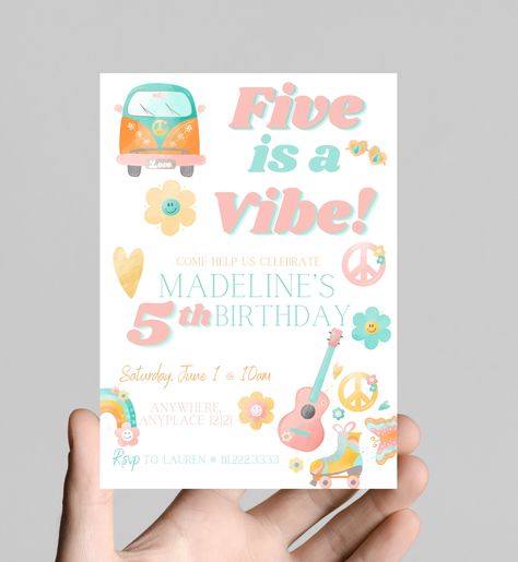 FIVE is a VIBE retro groovy 5th birthday invitation 60’s 70’s themed girl birthday party, digital edit and print Hippie Birthday, 2nd Birthday Party Themes, Boho Birthday, Groovy Retro, Construction Birthday, Retro Groovy, Birthday Invitations Girl, Party Favor Tags, Girl Birthday Party