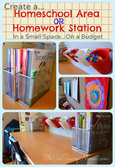 Create a Homeschool Area or Homework Station in a small space, on a budget Homework Station Diy, Home Work Station, Literacy Corner, Homework Station Ideas, Work Station Ideas, Homeschool Area, Kids Homework Station, Homework Desk, Homework Space