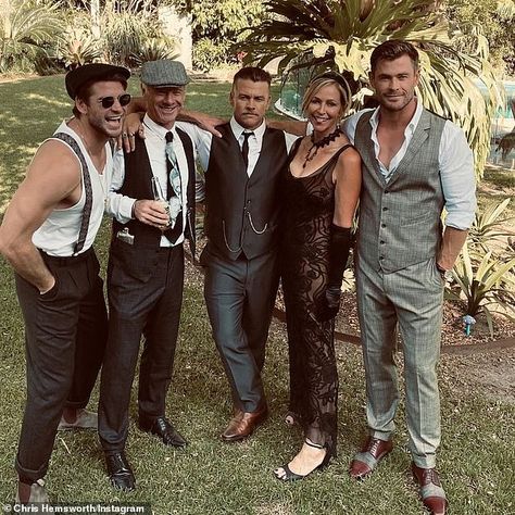 Chris Hemsworth and Elsa Pataky at Peaky Blinders themed party for brother Luke's 40th birthday | Daily Mail Online Peaky Blinders Birthday, Chris Hemsworth And Elsa Pataky, Bryon Bay, Peaky Blinders Theme, Luke Hemsworth, 18th Birthday Outfit, Hemsworth Brothers, Child Protective Services, Elsa Pataky