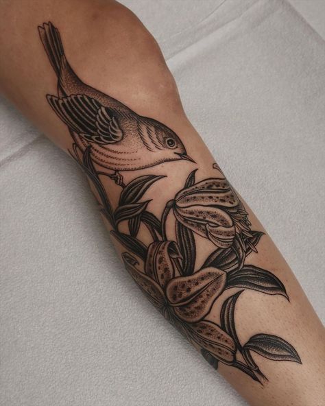 Yellow warbler and stargazer lilies at the knee to kick off Tegan’s bird leg sleeve. Some of my favourite things to tattoo paired with one… | Instagram Things To Tattoo, Poked Tattoo, Pair Tattoos, Yellow Warbler, Tattoo 2023, Hand Poked Tattoo, Full Body Tattoo, Stargazer Lily, Human Canvas