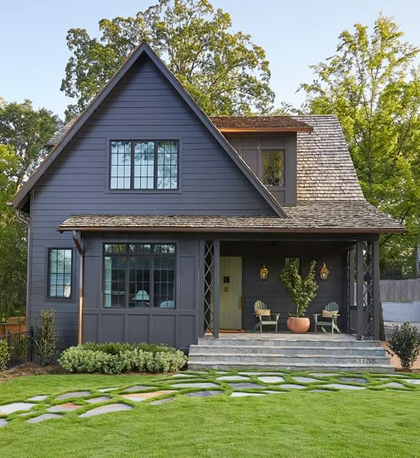 A Charming Homewood Cottage with Artistic Flair Lodge Cabin Exterior, California Cottage Exterior, Monochrome Exterior House, Rustic Exterior House Colors, Exterior Cottage, Cottage Architecture, Kensington House, Cottage Houses, Beach Lodge