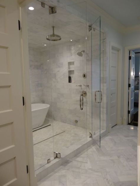 Vintage French Soul  ~    Shower & tub behind glass door Japanese Bathrooms, Japanese Bathroom, Bathroom With Tub, Shower Tub Combination, Bathroom Design Trends, Bad Inspiration, Steam Shower, Steam Showers Bathroom, Bathroom Redo