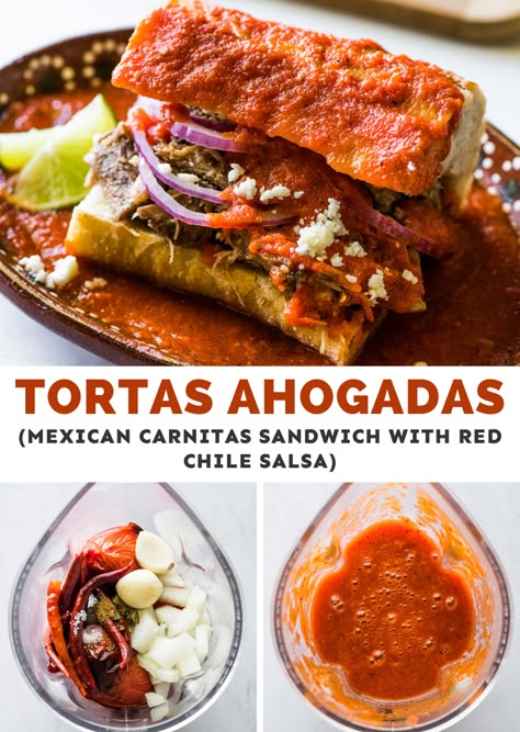 Carnitas Sandwich, Chili Relleno Dip Recipe, Chili Relleno Dip, Mexican Tortas Recipe, Red Chile Salsa, Mexican Sandwiches, Mexican Carnitas, Mexican Sandwich, Chile Salsa