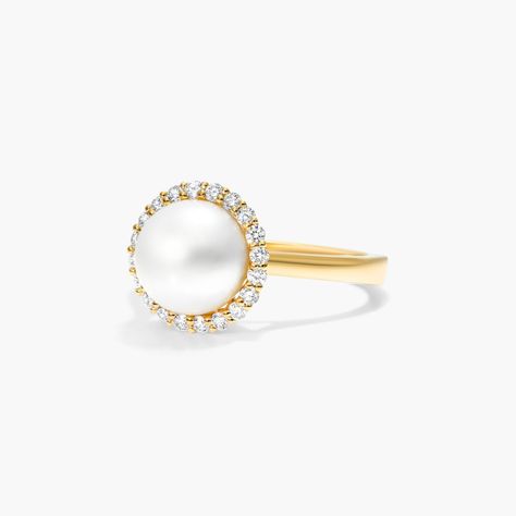 A gloriously golden pearl sits beneath sparkling diamonds, to create a stand-out pendant you'll never want to take off. Pearl Engagement Band, Match Nails, Pearl Wedding Bands, Golden Pearl, Pearl Rings, Pearl And Diamond Ring, Diamond Halo Ring, One Step At A Time, Engagement Band