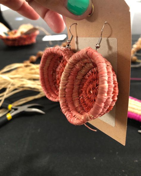 Mini Aboriginal woven basket earrings #handcrafted #aboriginalweaving #aboriginalweaver #aboriginal Aboriginal Jewellery, Basket Earrings, Woven Basket, Basket Weaving, Art Ideas, Crochet Earrings, Weaving, Textiles, Crochet