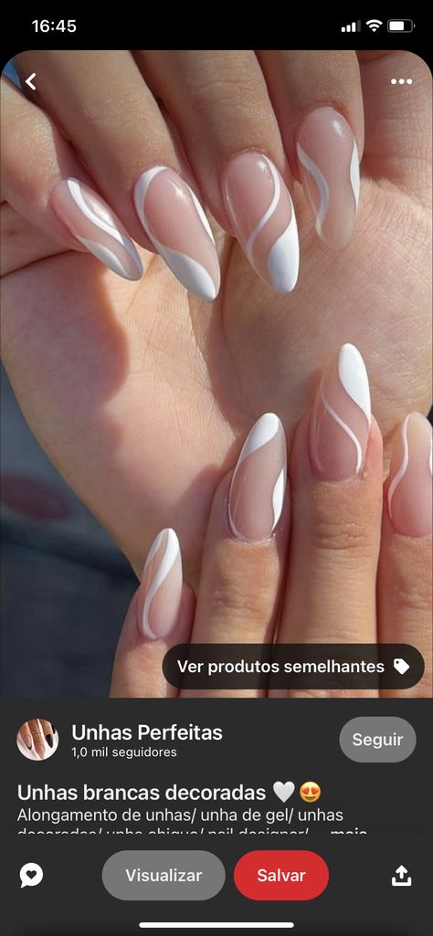 French Tip Swirl Nail Designs, Wavy Nail Art White, French Top Design Nails, Graduation Nails Pink And White, Line Art Nails Simple, Swirl Nail Designs Almond, Wavy Almond Nails, Almond Nails With Lines, Squiggly Nail Designs