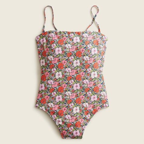 Bandeau One-Piece Swimsuit From J. Crew - Nwt Vibrant Pink, Coral Flowers On A Navy Background Full Coverage Low-Rise Leg High-Rise Back Straps Are Removable Swimsuit Is Lined And Padded Item Is Machine Washable 78% Recycled Nylon/22% Elastane. 92% Recycled Poly/8% Elastane Lining Crochet One Piece, Bandeau One Piece Swimsuit, Navy Gingham, Bandeau Swimsuit, Floral One Piece Swimsuit, Coral Flowers, Floral One Piece, Long Torso, Print Swimsuit