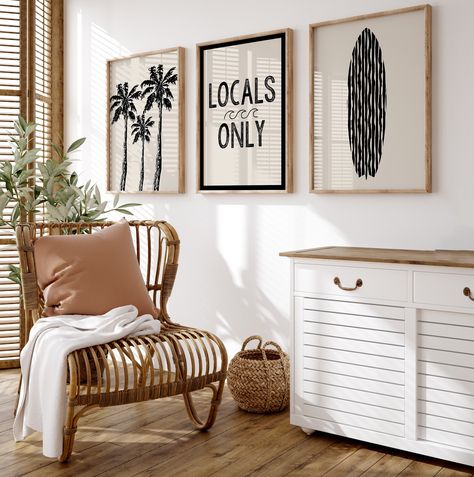 Elevate your space with our Beach Print Set a trio of surfboard, palm trees, and Locals Only sign prints in chic beige and black. Bring coastal vibes to your home decor effortlessly. Perfect for surf enthusiasts and beach lovers. Many More Coastal Gallery Wall Sets available in my shop! https://etsy.me/3MPbvav THIS IS A DIGITAL DOWNLOAD, NO PHYSICAL PRODUCT WILL BE SHIPPED  You will receive a PDF with a link to Google Drive containing 5 high resolution JPG files at 300 DPI that can be printed at Coastal Boho Art, Black Coastal Decor, Hawaii Apartment, Coastal Mid Century Modern, Hanging Pictures On The Wall, Colorful Beach House, Vintage Beach Decor, Decoration Surf, Coastal Gallery Wall