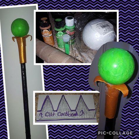 DIY Maleficent staff for Halloween, cosplay, etc.  Materials used: two dowel rods, cardboard, old paper towel or toilet paper roll, styrofoam ball (I used 4"), acrylic paint, masking tape, glue gun (optional), gold scrapbook paper. I used two dowel rods (had to cut one down to make it shorter) available at craft stores or harware stores. ***11/1/17-I need to finish the description! I lost the entire 2nd & 3rd paragraphs and can't fix right now!! :( *** Maleficent Staff Diy, Malificent Staff, Maleficent Staff Diy Easy, Diy Maleficent Horns, Maleficent Diy Horns, Maleficent Horns Diy Headbands, Maleficent Staff, Staff Diy, First Down