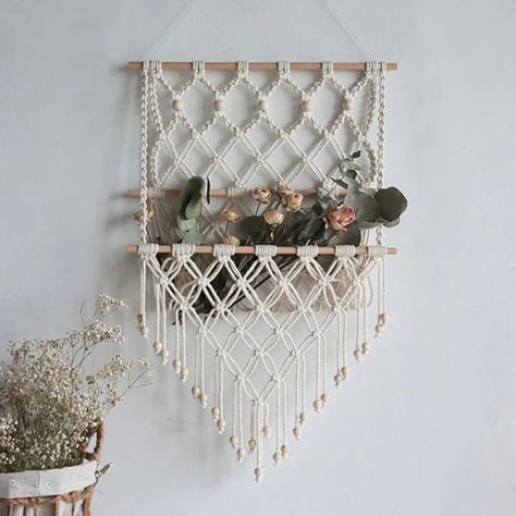 Above Bed Macrame Shelf Hanging Handwoven Macrame Wall | Etsy Vietnam Boho Shelf Decor, Pola Macrame, Macrame Shelf, Shabby Chic Pillows, Macrame Backdrop, Macrame Tapestry, Floral Cushion Covers, Wall Hanging Shelves, Macrame Wall Decor