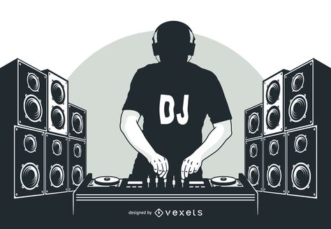 Black and white silhouette style hip hop DJ boy playing with turntable, headphone on the head, t-shirt and lots of large speakers in a row on two separate colum Dj Art Artworks, Dj Illustration, Dj Pics, Logo Dj, Dj Mixing, Hip Hop Dj, Freestyle Music, Dj Speakers, Dj Art