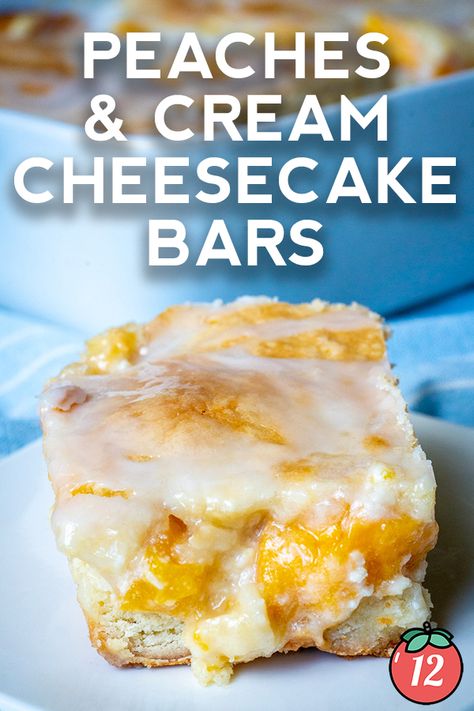 Peaches and Cream Cheesecake Bars | 12 Tomatoes Peach Squares, Peach Cream Cheese Dessert, Peaches And Cream Bars, Peach Cobbler Cheesecake Bars, Peaches And Cream Cheesecake Bars, Peaches And Cream Cake, Apricot Cheesecake Bars, Peach Squares Bar Recipes, Easy Peach Cheesecake Recipes