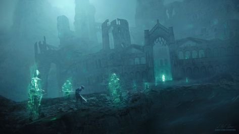 ArtStation - Ghost Town, Gabriel Björk Stiernström Imaginary Landscapes, Abandoned Structures, Fantasy Settings, Dnd Backgrounds, Ghost City, Ghost World, Painting Study, Underwater City, Misty Mountains