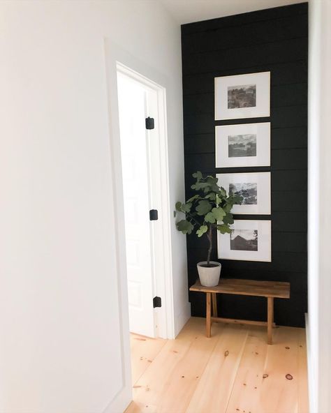 Katie Bowen’s Instagram profile post: “I never thought that the end off this hallway would eventually become one of my favorite areas in our home! Shiplap color: SW Tricorn…” End Of Hallway, Black Shiplap, Accent Wall Entryway, Garage Entryway, Black Accent Walls, Oldest Daughter, Updating House, Decor Home Living Room, Small Wall