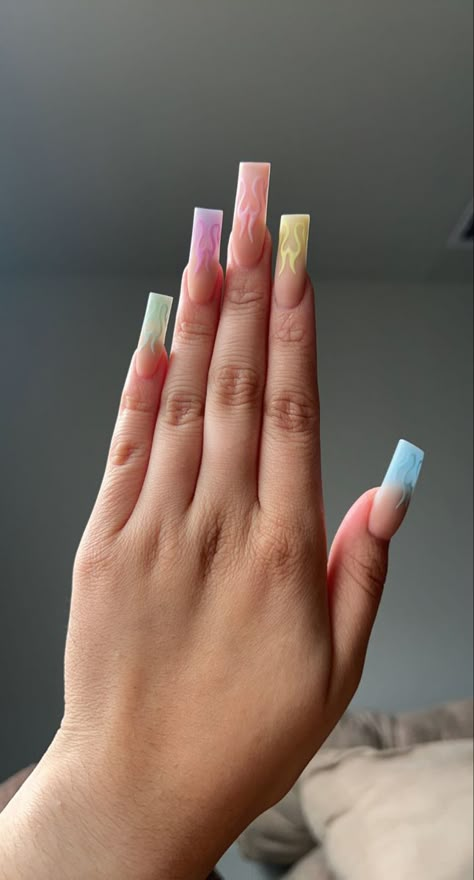 Medium square acrylic nails Acrylic Nail Designs Flames, Pastel Fire Nails, Flame Neon Nails, Acrylic Nails Fire Design, French Tips With Flames, Ombre Flame Nails, Colorful Flame Nails, Nail Ideas Flames, Flames Nails Designs