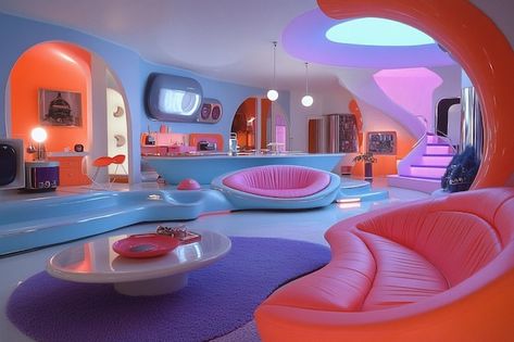 Retro Future Interior, Retro Futuristic Interior, Futuristic Room, Cottage Village, Futuristic Decor, Modern Futuristic, Futuristic Interior, Bar Room, Apartment Decor Inspiration