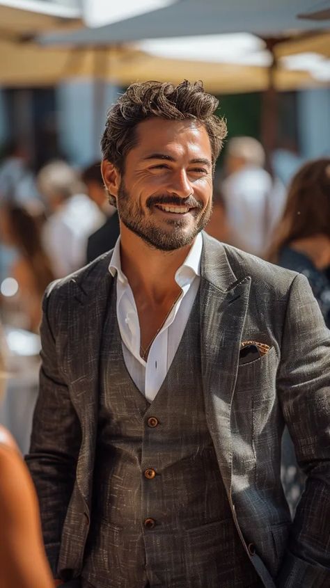 Midjourney AI Image: a sensual photo, Nikon D850 105mm, close-up centred shot of a smiling 35-year old muscular man in a ... → more in ai-img-gen.com Man With Beard, Confident Man, Bold Heels, Muscular Man, Nikon D850, Italian Suit, Smiling Man, Chic Sandals, Outdoor Setting