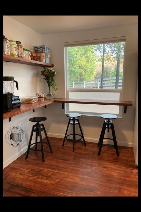 How to install window bar seating with wrap around floating counter for a great new morning coffee spot. Better use of a small space too. Window Counter Seating, Window Bar Seating, Floating Counter, Bar Seating Area, Kitchen Office Nook, Bar Table Diy, Window Counter, Small Kitchen Bar, Kitchen Window Bar