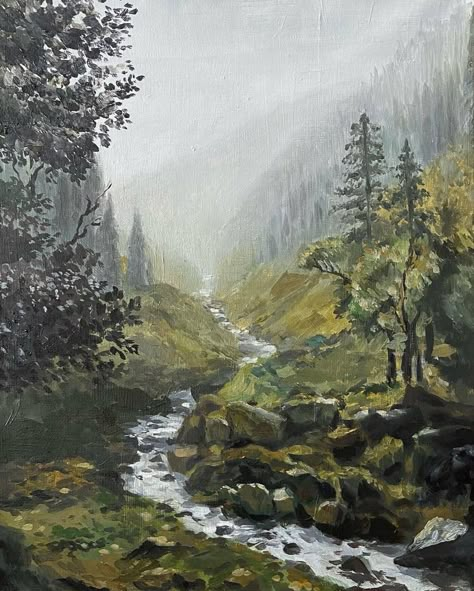 Landscape Art Painting, Pretty Landscapes, Art Inspiration Painting, Painting Art Projects, Canvas Art Painting, Painting Style, In The Woods, Beautiful Paintings, Painting Inspiration