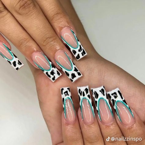 Cow Acrylic Nail Designs, Vaquero Nails, Blue Cow Print Nails, Cowprint Nail Design, Cow Print Acrylic Nails, Teal Cow Print, Punchy Nails, Blue Cow Print, Country Acrylic Nails