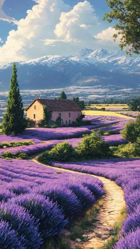 Spring Scenery, Painting Snow, Lavender Field, Soyut Sanat Tabloları, Scenic Photography, Pretty Landscapes, Landscape Art Painting, Autumn Scenery, Landscape Illustration