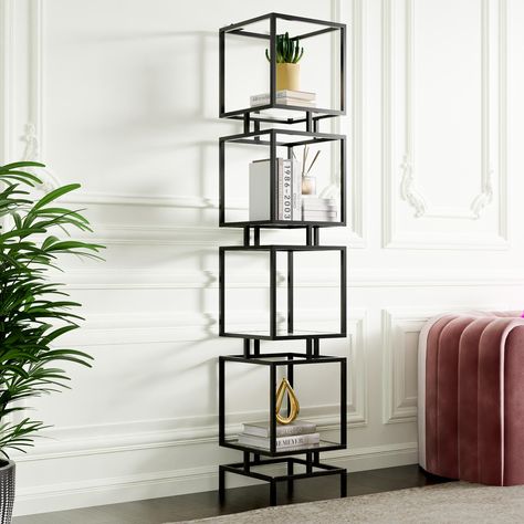 PRICES MAY VARY. Stylish Glass Display Shelf - Geometric aesthetic metal structure with clear glass shelves, this geometric bookcase will bring up the beauty of your carefully chosen ornaments and other decors. It will fit perfectly into your living room, home office, entryway, hallway, or even bathroom. 70.8" Tall Bookcase - With four tempered glass shelves, this modern bookcase is not only stylish but practical. It offers a place for book collection, action figures, family pictures, potted pla Cozy Castle, Glass Bookshelves, Glass Display Shelves, Tall Bookshelf, Geometric Bookcase, Cube Shelf, Geometric Aesthetic, Glass Display Cabinet, Tall Bookshelves