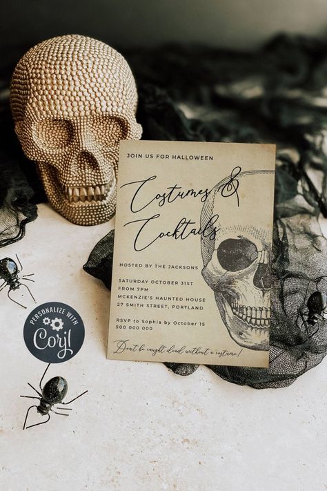 Vintage Skull Halloween Invite Printable Halloween Party - Etsy Canada Costumes And Cocktails, Adult Halloween Party Invitations, Scary Font, Fonts In Canva, Halloween Invitation Template, October Baby Showers, Halloween Dinner Party, Halloween Party Invite, Costume Party Invitations