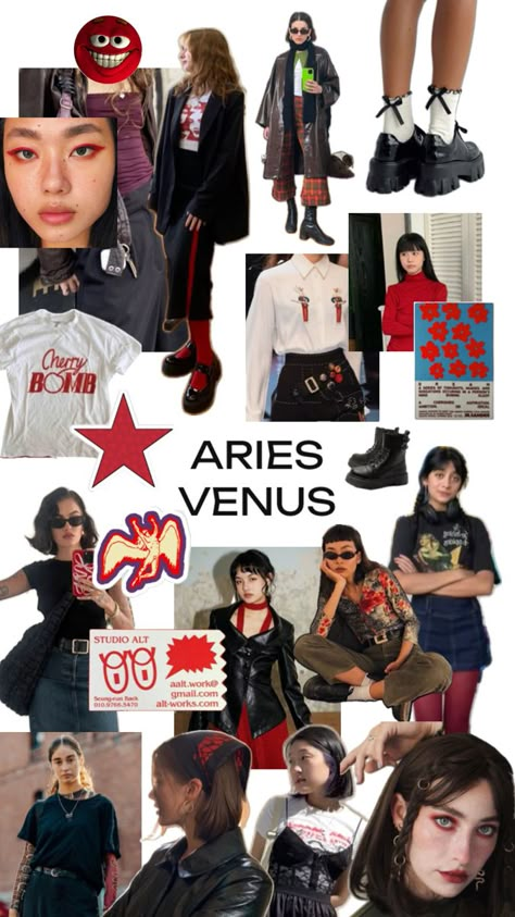 A collage feautiring different women wearing red and black themed clothes and makeup Aries Clothing Style, Leo Fashion Zodiac Style, Aries Venus Aesthetic Style, Aries Rising Outfits, Pisces Rising Outfit, Venus In Aries Fashion, Aries Fashion Aesthetic, Venus In Aries Aesthetic Outfit, Aries Venus Fashion