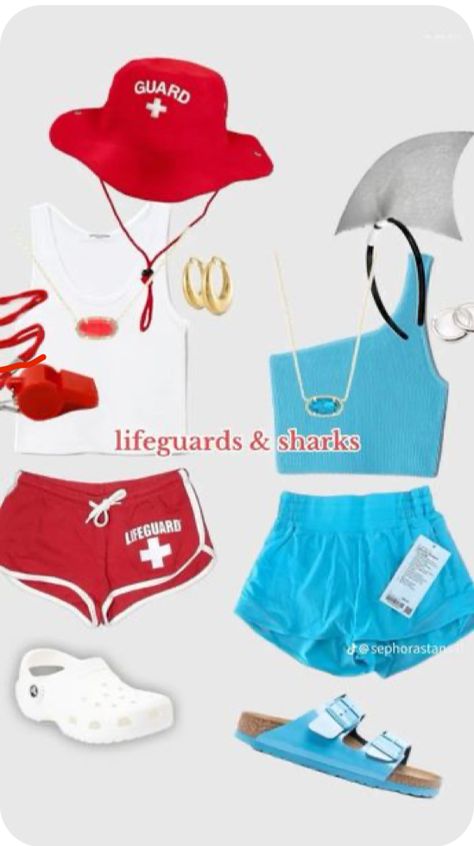 Life Guard Halloween Costumes Couple, Life Gaurd Costume Halloween Girl, Sup Halloween Costumes, Life Guard Costume Girl, Life Guard And Shark Halloween Costume, Volleyball Halloween Costumes, Shark And Lifeguard Costume, Shark Costume Women, Halloween Besties