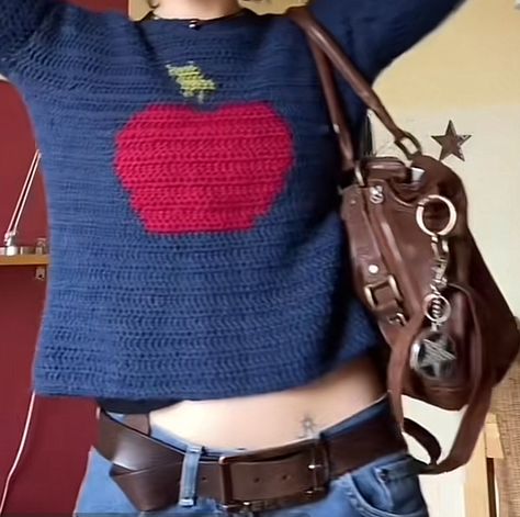 Twee Aesthetic Crochet, Applecore Aesthetic Outfit, Crochet Sweaters Aesthetic, Apple Core Outfits, Apple Outfit Aesthetic, Apple Aesthetic Outfit, Applecore Outfit, Twee Core Outfits, Fall Crochet Ideas Clothes