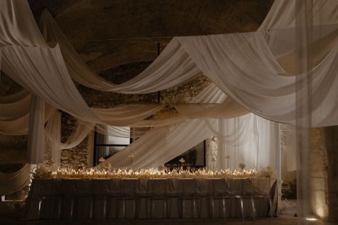 Otherworldly Decadence - Wedding Reception Inspiration - The Lane Deco Spa, Wedding Draping, Mediterranean Wedding, Celestial Wedding, Reception Dinner, Wedding Reception Inspiration, The Lane, Mexican Wedding, Reception Table