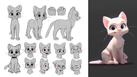 Cartoon Animals Sketches, Cat Turnaround Sheet, Cartoon Cat Expressions, Cat Concept Art Character Design, Cat Character Drawing, Kitten Character Design, Cat Turnaround, Disney Expression Sheet, Expression Sheet Character