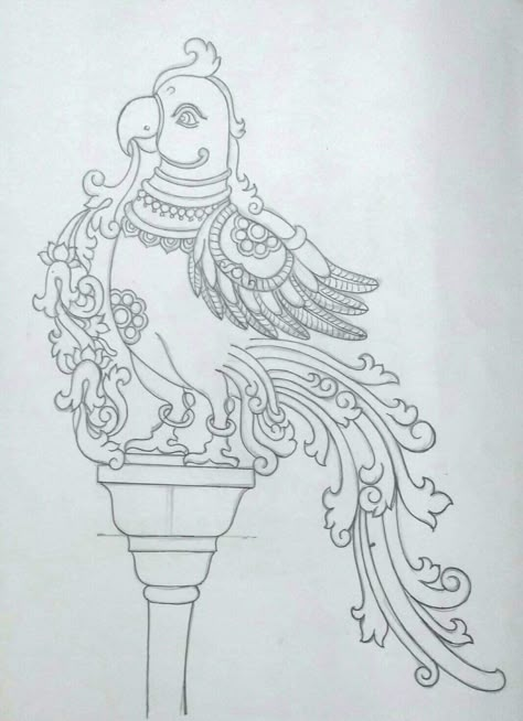 Annapakshi Drawing, Kerala Mural Painting Birds, Tanjore Painting Sketches Parrot, Tanjore Painting Sketches Peacock, Annapakshi Design, Thanjavur Painting, Mysore Painting, Indian Traditional Paintings, Tanjore Paintings