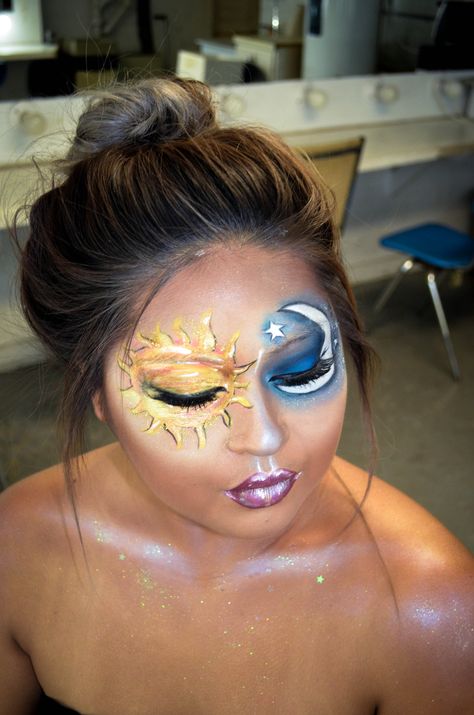 Sun & Moon Makeup Moon Makeup, Face Paints, Paint Inspo, Makeup Class, Moon Face, Facepaint, Sun And Moon, Sun Moon, Face Painting