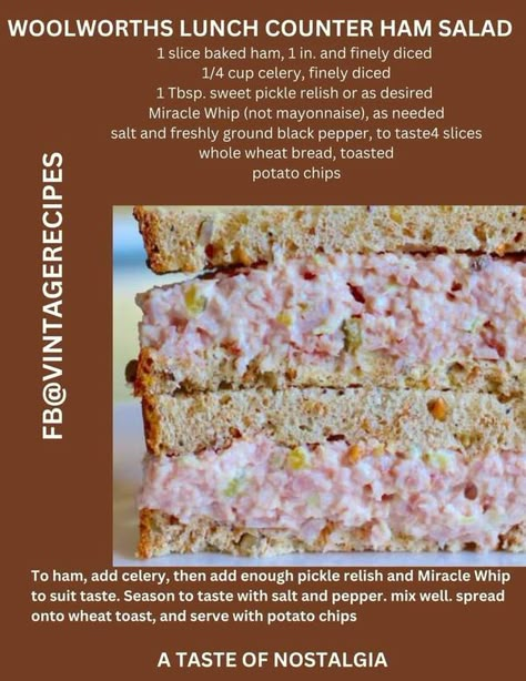 Authentic Cajun Recipes and Southern Recipes also lagniappe | WOOLWORTHS LUNCH COUNTER HAM SALAD | Facebook Toasted Potatoes, Ham Salad Sandwich, Sandwich Spread Recipes, Leftover Easter Ham, Cajun Recipes Authentic, Sweet Pickle Relish, Ham Salad Recipes, Best Sandwich Recipes, Ham Salad