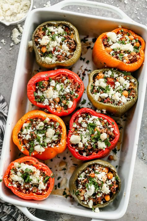 Greek Stuffed Peppers Stuffed Bell Peppers With Feta Cheese, Stuffed Bell Peppers Feta, Stuffed Peppers With Feta Cheese, Feta Rice, Feta Stuffed Peppers, Greek Stuffed Peppers, Stuffed Peppers Beef, Ground Beef Breakfast, Vegetarian Stuffed Peppers