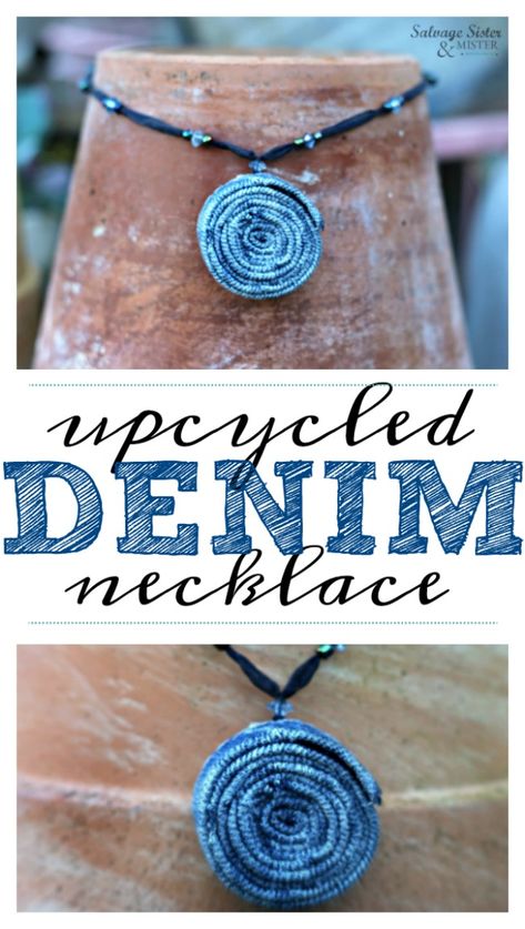 What to do with old jeans? Here is an upcycled denim necklace that you can make easily. This is a great reuse / repurpose idea to make use of jeans you no longer wear. waste not, want not. #upcycle #reusecraft #repurpose Upcycled Denim Diy, Denim Necklace, Diy Jeans, Blue Sapphire Necklace, Denim Jewelry, Diy Upcycle, Recycle Jeans, Denim Crafts, Denim Diy