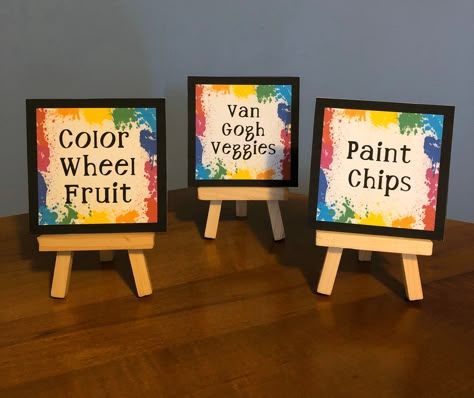 Painting Birthday Party Food Ideas, Food For Art Party, Art Party Snack Ideas, Craft Party Food Ideas, Paint Party Charcuterie Board, Artist Birthday Party Food, Art Party Signs, Art Party Food Ideas For Kids, Bob Ross Birthday Party Ideas