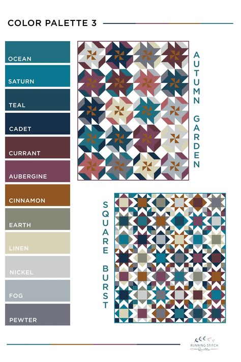 🎨 Looking for color inspiration for your next quilt project? Check out Color Palette 3 in this month’s Running Stitch Quilts Color Inspiration blog series! Featuring rich jewel tones and earthy neutrals, this palette shines in the Autumn Garden and Square Burst quilt patterns. Head to the blog for color tips and ideas on how to apply these tones to your quilts! #RSQColorInspo #modernquilting #quiltinspo Quilt Colour Schemes, Color Palette Garden, Thai Interior Design, Palette Garden, Autumn Quilt, September Colors, Quilting Methods, Earthy Neutrals, Color Tips